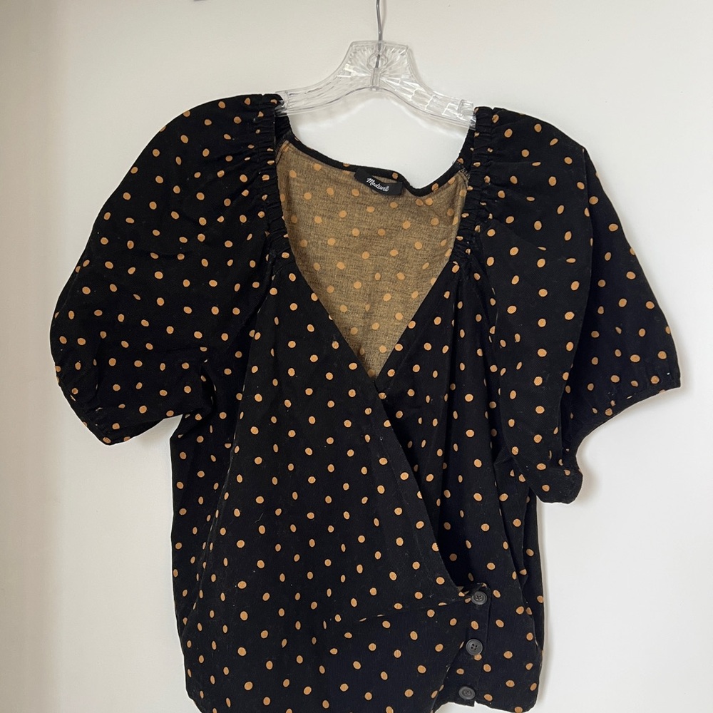 Madewell Black Polka Dot Puff-Sleeve Wrap Crop Top - Picture 3 of 7